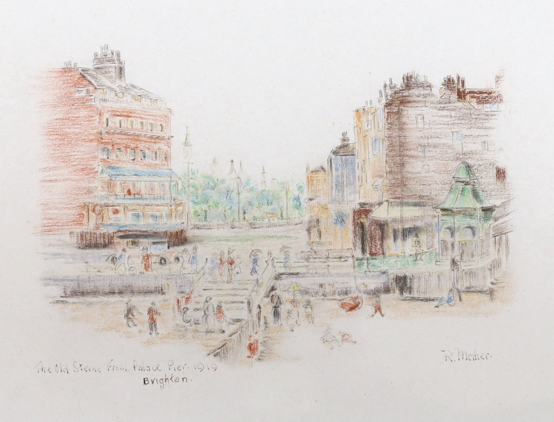 R. Maher (20th. C), set of six crayon and pencil sketches, Brighton views including West Pier and Black Rock, some signed and inscribed, each 24 x 19cm